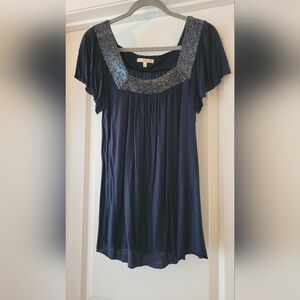 Like New- Matty M Navy Short Sleeve Top w/ Beaded Neckline